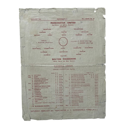 104 - MANCHESTER UNITED VERSUS BOLTON WANDERERS 1940/41 FOOTBALL PROGRAMME, 25/01/1941, SINGLE SHEET. EDGE... 