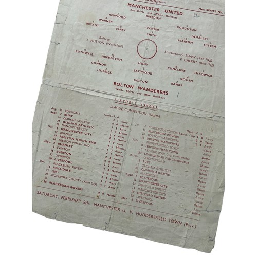 104 - MANCHESTER UNITED VERSUS BOLTON WANDERERS 1940/41 FOOTBALL PROGRAMME, 25/01/1941, SINGLE SHEET. EDGE... 