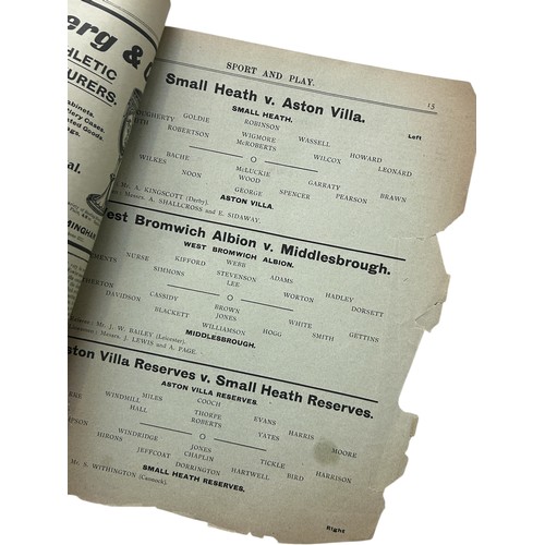 37 - 1903 SPORT & PLAY WEST MIDLANDS FOOTBALL PROGRAMME, COVERING SMALL HEATH (BIRMINGHAM) VERSUS ASTON V... 