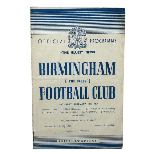 59 - BIRMINGHAM CITY VERSUS MANCHESTER CITY 1938/39 RESERVES FOOTBALL PROGRAMME, 18/2/1939. CREASING NOTE... 