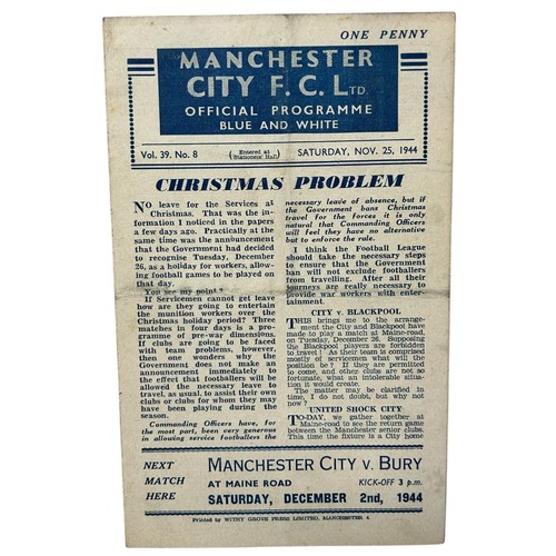 8 - MANCHESTER UNITED AWAY VERSUS MANCHESTER CITY 1944/45 FOOTBALL PROGRAMME, 25/11/1944, WAR TIME 4-PAG... 
