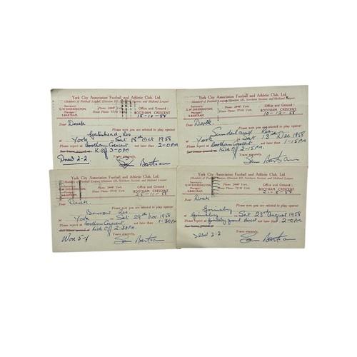 122 - X4 YORK CITY 1958/59 PLAYER CALL UP POST CARDS, ADDRESSED TO PLAYER DEREK CHAMBERLAIN, 3 RESERVES FI... 