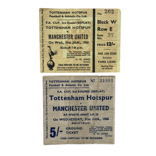 61 - X2 MANCHESTER UNITED 1960s AWAY FOOTBALL TICKET STUBS, 31/1/1968 TOTTENHAM HOTSPUR, TWO VARIANTS.