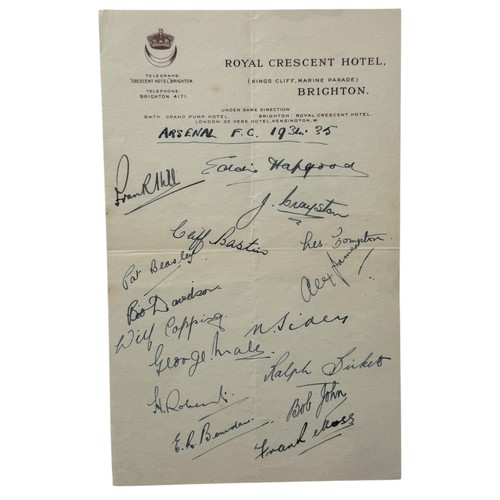 114 - ARSENAL 1934-35 PLAYER AUTOGRAPHS, 16 INK SIGNATURES, ROYAL CRESCENT HOTEL (BRIGHTON)