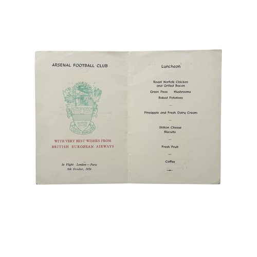 115 - 1956 ARSENAL SIGNED FLIGHT MENU, 'ARSENAL FOOTBALL CLUB WITH VERY BEST WISHES FROM BRITISH EUROPEAN ... 