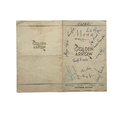 116 - 1947 ARSENAL SIGNED MENU, FROM THE TRAIN EN-ROUTE TO FACE RACING CLUB DE PARIS, 11/11/1947, SIGNED B... 
