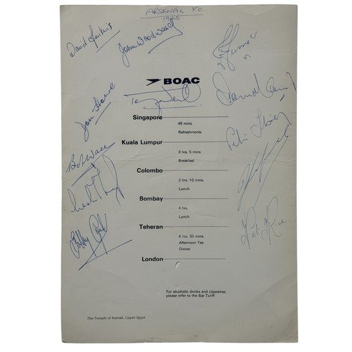117 - 1968 ARSENAL SIGNED FLIGHT MENU, BOAC MENU LONDON-SINGAPORE EN-ROUTE TO JAPAN FOR ARSENAL'S SUMMER T... 