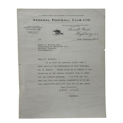 119 - 1933 ARSENAL LETTER FROM CHAIRMAN SAMUEL HILL-WOOD, LETTER WRITTEN TO WOLVES MANAGER FRANK BUCKLEY E... 