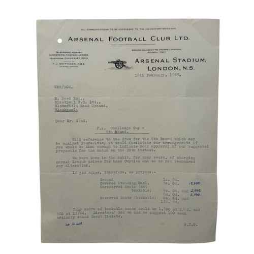 120 - 1953 ARSENAL LETTER FROM ASSISTANT SECRETARY BOB WALL, LETTER WRITTEN TO R SEED OF BLACKPOOL CONFIRM... 
