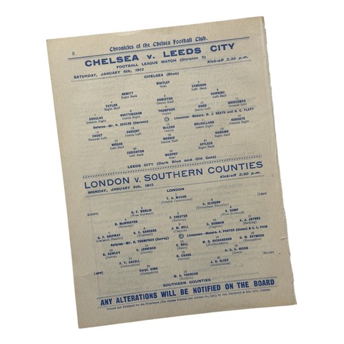 137 - CHELSEA VERSUS LEEDS CITY 1911/12 FOOTBALL PROGRAMME, 6/1/1912, ALSO COVERS LONDON V SOUTHERN COUNTI... 