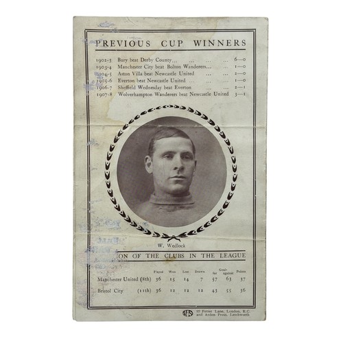 292 - 1909 FA CUP FINAL FOOTBALL PROGRAMME, MANCHESTER UNITED VERSUS BRISTOL CITY, 24/4/1909, EXTREMELY SC... 
