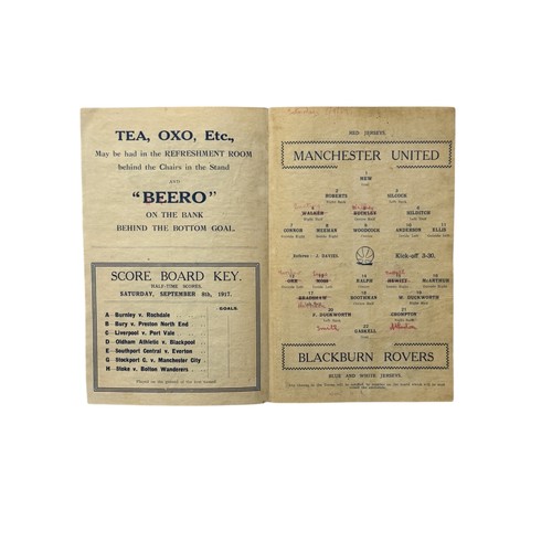 341 - MANCHESTER UNITED VERSUS BLACKBURN ROVERS 1917/18 FOOTBALL PROGRAMME, 8/9/1917, SCARCE WW1 ISSUE. CH... 