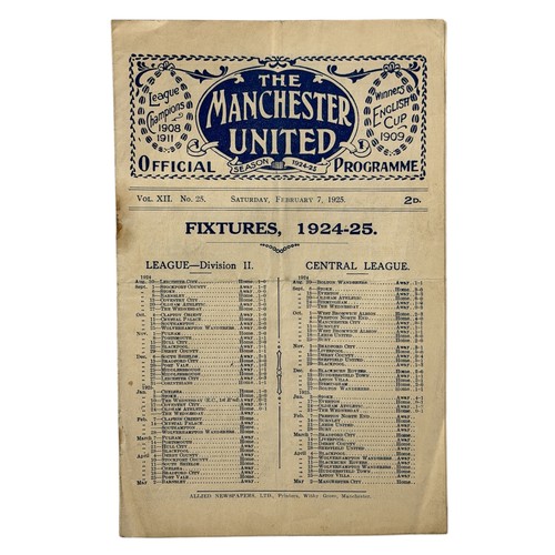 343 - MANCHESTER UNITED VERSUS CLAPTON ORIENT 1924/25 FOOTBALL PROGRAMME, 7/2/1925. LIGHT FOLDS, RUSTY STA... 