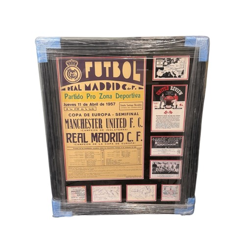 102 - MANCHESTER UNITED VERSUS REAL MADRID 1956/57 FRAMED PRESENTATION, 98 x 76cm, INCLUDES AN ORIGINAL MA... 