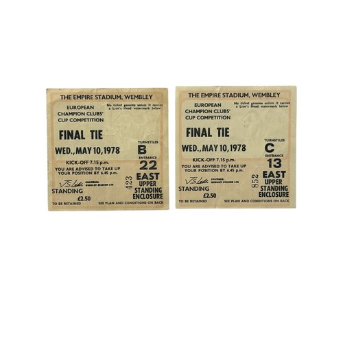 3 - 1978 EUROPEAN CUP FINAL FOOTBALL TICKET STUBS, LIVERPOOL VERSUS CLUB BRUGGE, FINAL AT WEMBLEY, 10/5/... 