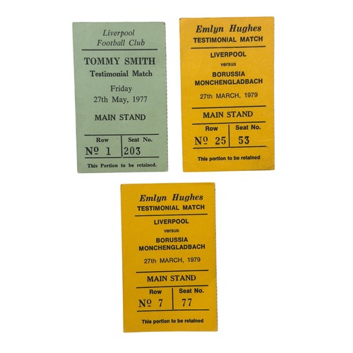 12 - X3 LIVERPOOL 1970s TESTIMONIAL FOOTBALL TICKET STUBS, TOMMY SMITH TESTIMONIAL 27/5/1977, EMLYN HUGHE... 