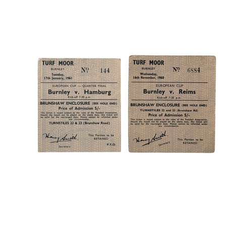 18 - X2 BURNLEY 1960/61 EUROPEAN CUP FOOTBALL TICKET STUBS, REIMS 16/11/1960, 17/1/1961 HAMBURG. GOOD