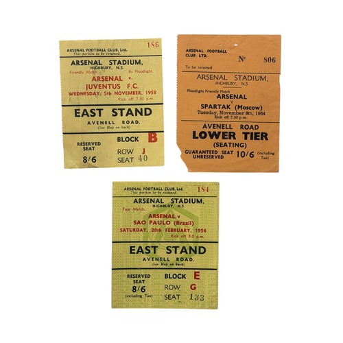 22 - X3 ARSENAL 1950s FRIENDLY FOOTBALL TICKET STUBS, SAO PAULO 20/2/1954, SPARTAK 9/11/1954, JUVENTUS 5/... 