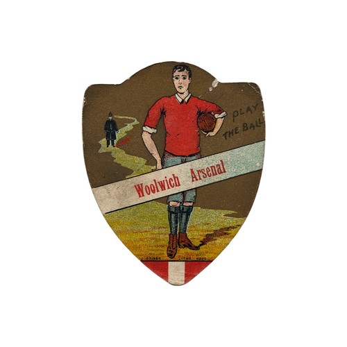 EARLY 1900s WOOLWICH ARSENAL BAINES CARD, HIGHLY UNUSUAL WOOLWICH ARSENAL F.C. ‘BAINES’ CARD, DEPICTING RED-SHIRTED PLAYER CARRYING A BALL UNDER THE ARM WITH THE INSCRIPTION ‘PLAY THE BALL’, AN INTERESTING CARD DEPCITING A LONDON ‘BOBBY’ IN UNIFORM IN THE BACKGROUND