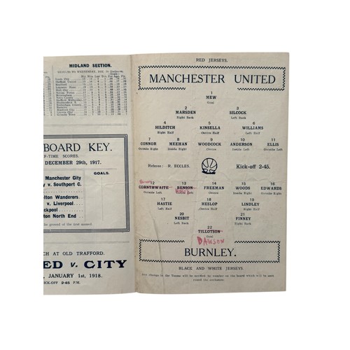 104 - MANCHESTER UNITED VERSUS BURNLEY 1917/18 FOOTBALL PROGRAMME, 29/12/1917, WW1 ISSUE 4-PAGE ISSUE. CHA... 