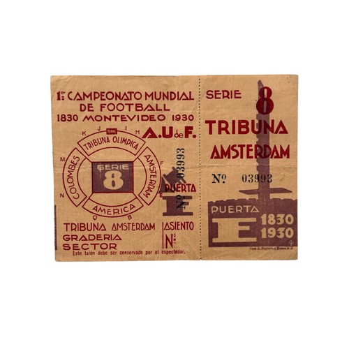1930 WORLD CUP FINAL UNUSED COMPLETE MATCH TICKET, URUGUAY VERSUS ARGENTINA, 30/7/1930, THE INAUGRAL WORLD CUP FINAL, AN EXTREMELY RARE ITEM WITH COUNTERFOIL INTACT, URUGUAY BEAT ARGENTINA 4-2 IN MONTEVIDEO. 


PROVENANCE: 2003 BONHAMS SALE- THE WORLD CUP MUSEUM COLLECTION OF RONY ALMEIDA