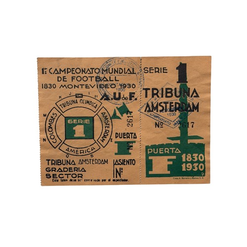 102 - 1930 WORLD CUP OPENING CEREMONY UNUSED COMPLETE MATCH TICKET, URUGUAY VERSUS PERU, 18/7/1930, THE EA... 