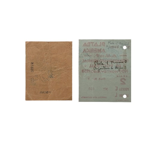 105 - 1930 WORLD CUP FOOTBALL TICKET STUBS, SERIE 2, 19/7/1930, FOR THE FRANCE V CHILE & ARGENTINA V MEXIC... 