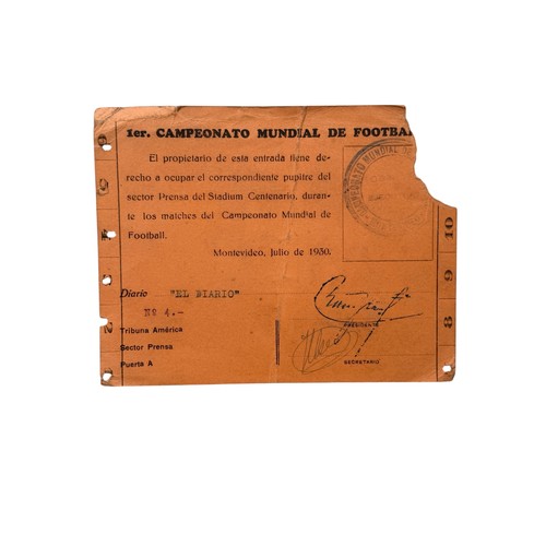 118 - 1930 WORLD CUP PRESS TICKET, DATED JULY 1930, ALLOWING ACCESS TO PRESS AREA FOR ALL 18 FIXTURES. TOR... 