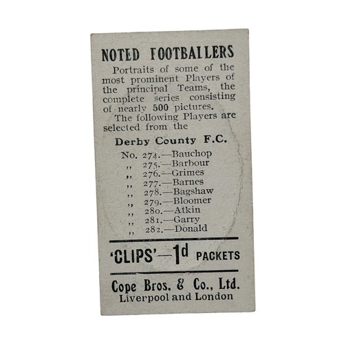328 - 1910 STEVE BLOOMER COPE'S CLIPS FOOTBALL CIGARETTE CARD, #279, DERBY COUNTY, PERHAPS ENGLAND'S FINES... 