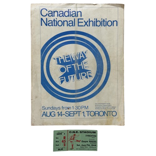429 - 1969 TORONTO CUP FOOTBALL TICKET STUB & FLYER, FIORENTINA VERSUS GLASGOW RANGERS, 7/6/1969. CREASES