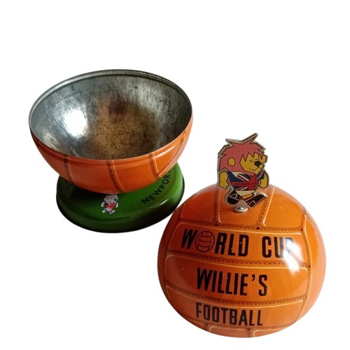 11 - ORIGINAL 1966 WORLD CUP WILLIE CONFECTIONERY TIN, WORLD CUP WILLIE SOCCER BALL-SHAPED TIN-PLATE CONF... 