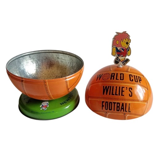 11 - ORIGINAL 1966 WORLD CUP WILLIE CONFECTIONERY TIN, WORLD CUP WILLIE SOCCER BALL-SHAPED TIN-PLATE CONF... 