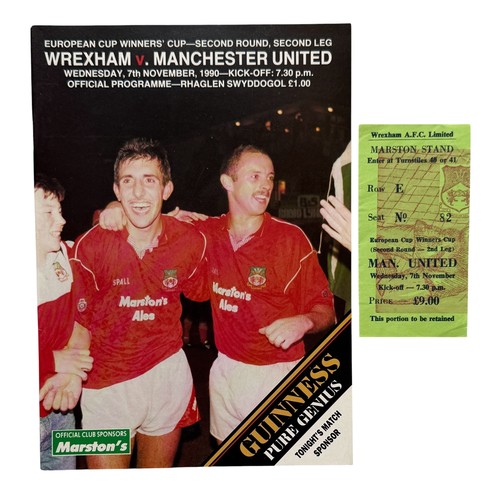 2014 - MANCHESTER UNITED AWAY VERSUS WREXHAM 1990/91 FOOTBALL PROGRAMME & TICKET STUB, 7/11/1990, ECWC.