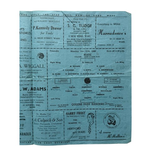2050 - WARE VERSUS QPR 'A' 1948/49 FOOTBALL PROGRAMME, 27/12/1948, FRIENDLY. FOLDS, CHANGES.