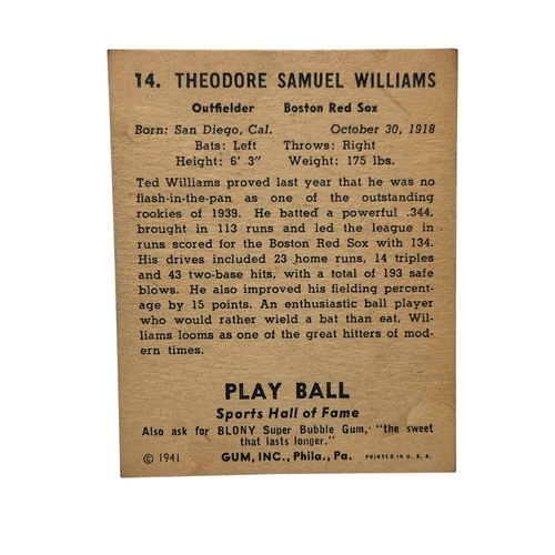 5644 - 1941 PLAY BALL TED WILLIAMS BASEBALL CARD, BOSTON RED SOX, #14.