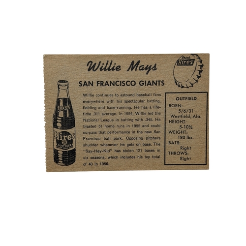 5648 - 1958 HIRES ROOT BEER TEST SET BASEBALL CARD, WILLIE MAYS, SAN FRANCISCO GIANTS, NO TAB.