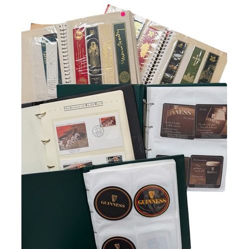 5055 - MISCELLANY, 150+ GUINNESS BEER MATS STORED IN 2 BINDERS, THE HISTORY OF WORLD WAR II FIRST DAY COVER... 
