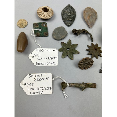 38 - A COLLECTION OF METAL DETECTING ANTIQUITY FINDS, to include Saxon animal broach, neolithic flint, me... 