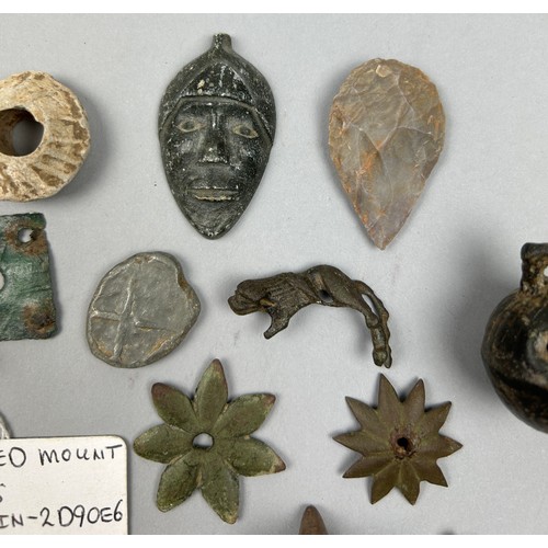 38 - A COLLECTION OF METAL DETECTING ANTIQUITY FINDS, to include Saxon animal broach, neolithic flint, me... 