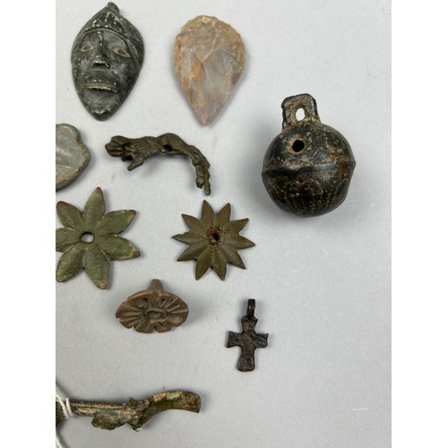 38 - A COLLECTION OF METAL DETECTING ANTIQUITY FINDS, to include Saxon animal broach, neolithic flint, me... 