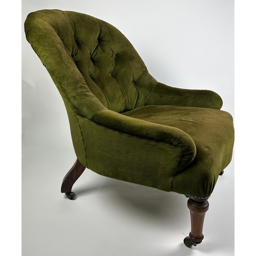 114 - A HOLLAND AND SONS MOSS GREEN UPHOLSTERED BUTTON BACK SCROLL ARMCHAIR, stamped to leg 'Holland and S...