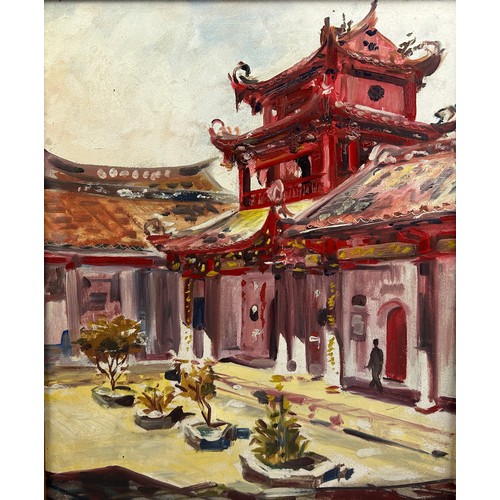 51 - A 20TH CENTURY CHINESE SCHOOL OIL ON CANVAS OF THE SUMMER PALACE, with pagoda rooftops.

59cm x 48cm