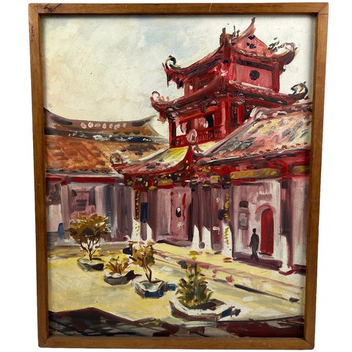 51 - A 20TH CENTURY CHINESE SCHOOL OIL ON CANVAS OF THE SUMMER PALACE, with pagoda rooftops.

59cm x 48cm