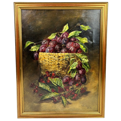 58 - AN EARLY 20TH CENTURY ENGLISH SCHOOL OIL ON CANVAS OF FRUITS, signed 'Alice Daniel 1912'

60cm x 44c... 