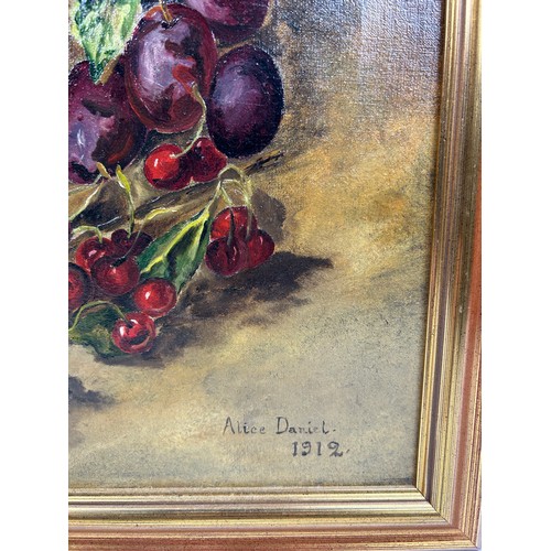 58 - AN EARLY 20TH CENTURY ENGLISH SCHOOL OIL ON CANVAS OF FRUITS, signed 'Alice Daniel 1912'

60cm x 44c... 