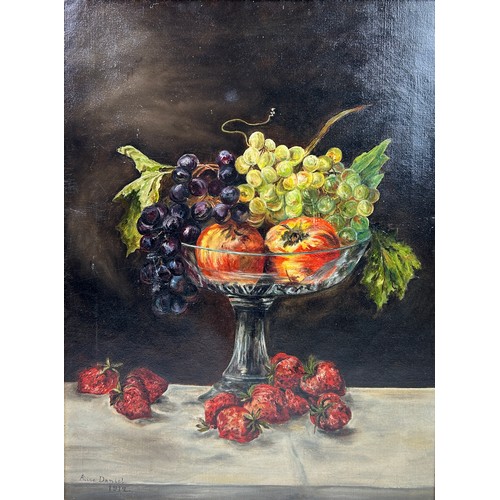 57 - AN EARLY 20TH CENTURY ENGLISH SCHOOL OIL ON CANVAS OF FRUITS, signed 'Alice Daniel 1912'

60cm x 44c... 