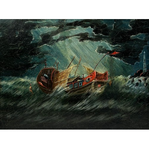 54 - 19TH CENTURY CHINESE SCHOOL OIL ON CANVAS 'SAILBOATS IN A STORM', mounted in a gilt frame.

27cm x 2... 