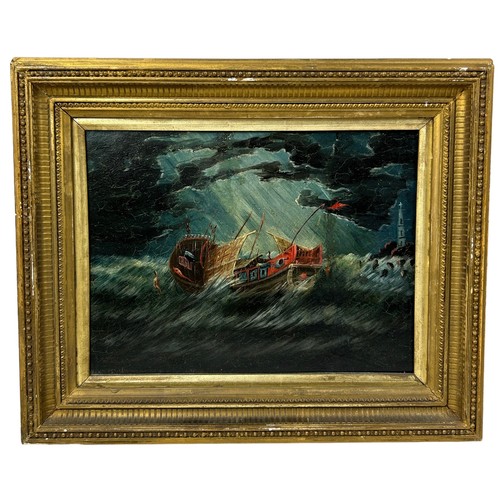 54 - 19TH CENTURY CHINESE SCHOOL OIL ON CANVAS 'SAILBOATS IN A STORM', mounted in a gilt frame.

27cm x 2... 