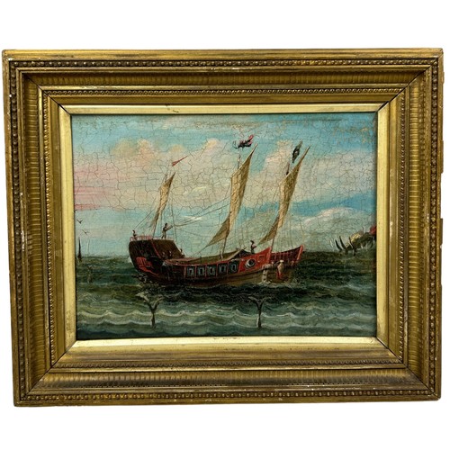 55 - 19TH CENTURY CHINESE SCHOOL 'WHALERS BY THE COAST', mounted in a gilt frame.

27cm x 20cm