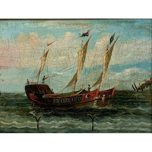 55 - 19TH CENTURY CHINESE SCHOOL 'WHALERS BY THE COAST', mounted in a gilt frame.

27cm x 20cm